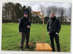  ??  ?? Dan Jones (right), presenter of Britain’s Lost Roman Roads, stands beside Leicester University archaeolog­ist Andrew Hyam and a replica of a Roman surveying instrument