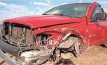  ?? COURTESY OF MICHELE WARCH ?? David Warch’s Dodge Ram pickup, shown here after being towed, was totaled in a collision on Tuesday.