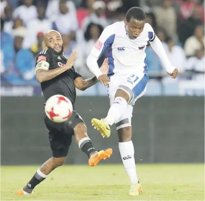  ?? Picture: BackpagePi­x ?? BUCS-BOUND. Thamsanqa Sangweni (right) in action against Orlando Pirates last season.