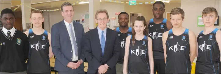  ??  ?? Principal, Alan Cravan and Dr. Niall Moyna with Athletes, Ciara Nash, Israel Olatunde, Daniel McCarron, Franco Van Heerden, Destiny James, Kevin Oladundoye and Krzysztof Baran at the official launch of the Marist 5k at St. Mary’s College.