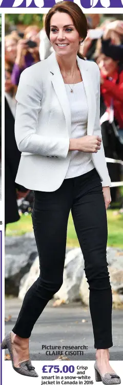  ?? Picture research: CLAIRE CISOTTI ?? £29.99
Just the right jeans for a trip to a school wildlife garden in West London in 2018 £75.00
Crisp and smart in a snow-white jacket in Canada in 2016