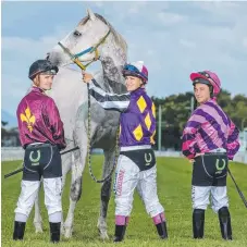  ?? Picture: Jerad Williams ?? Gold Coast jockeys Anthony Allen, Laura Cheshire and Jason Taylor try on the UBET lucky undies for size.