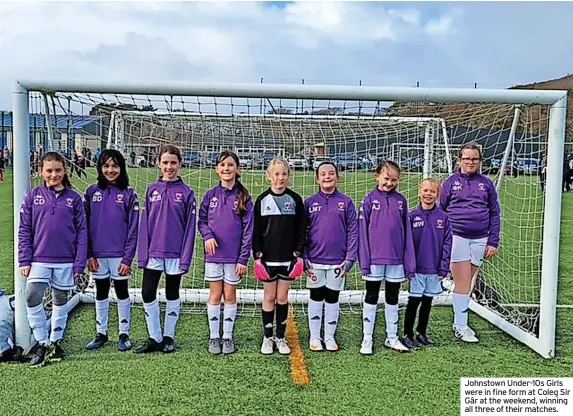  ?? ?? Johnstown Under-10s Girls were in fine form at Coleg Sir Gâr at the weekend, winning all three of their matches.