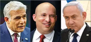  ??  ?? (L to R) Yair Lapid of the Yesh Atid (There Is a Future) party, Naftali Bennett of the Yamina (C) party and Israeli Prime Minister Benjamin Netanyahu of the Likud party