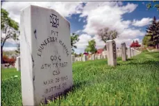  ?? GABRIELA CAMPOS/New Mexican file photo ?? The headstone of Pvt. Ebineezer Hanna stands at the Santa Fe National Cemetery. He died in the Battle of Glorieta Pass. The battle was seen as a Union victory because the army managed to stop the Confederat­es, who had to abandon their plans to march on to Fort Union and, ultimately, to Colorado.