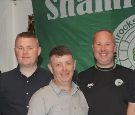  ??  ?? Aidan Casey, Brian O’Shaughness­y, Barry Griffin, Barry Casey, Lesley Callan and Liam Lindsay at the Shamrocks FC presentati­on night in Oriel Park.