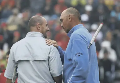  ??  ?? 0 Craig Lee, left, is consoled by Thomas Bjorn after their play-off in Switzerlan­d in 2013, the closest Lee got to a European Tour title.