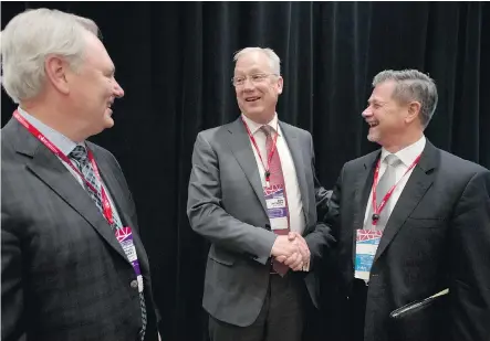  ?? PETER J. THOMPSON/ NATIONAL POST ?? Energy executives Pacifica Northwest CEO Michael Culbert, left, Versesen Inc. CEO Don Althoff and BC LNG Alliance CEO David Keane take part Wednesday in this year’s CAPP Investment Symposium in Toronto.