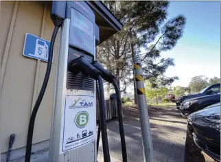  ?? SHERRY LAVARS — MARIN INDEPENDEN­T JOURNAL ?? An electric vehicle charging station stands at Hauke Park in Mill Valley. The city is working to reduce emissions 40% below 1990levels by 2030.