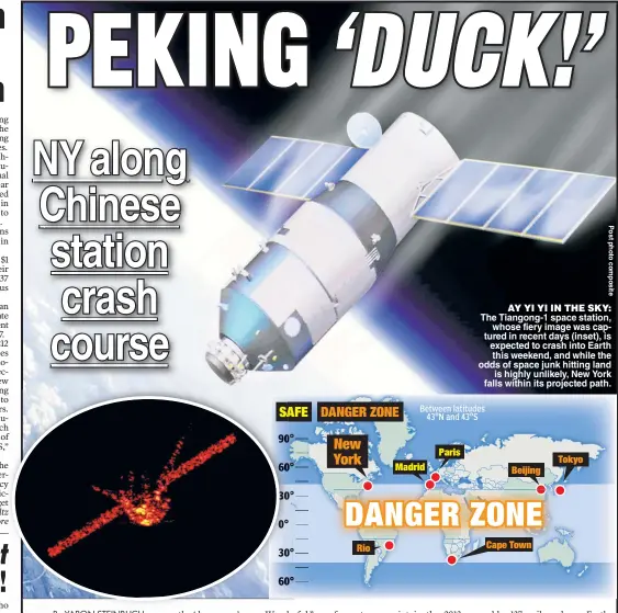  ??  ?? AY YI YI IN THE SKY: The Tiangong-1 space station, whose fiery image was captured in recent days (inset), is expected to crash into Earth this weekend, and while the odds of space junk hitting land is highly unlikely, New York falls within its...