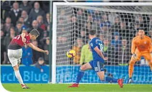  ??  ?? Ander Herrera scores United’s second against Cardiff Cardiff:Etheridge 7; Manga 5, Cunningham 5, Morrison 5, Bamba 5; Gunnarsson 5 (Ralls 83, 5); Hoilett 5 (Harris 74, 5), Camarasa 6, Arter 5 (Zohore 61, 6), Murphy 6; Paterson 5. Unused subs – Peltier, Smithies, Reid, Mendez-laing. man u:De Gea 6; Young 7, Shaw 7, Jones 7, Lindelof 7; Herrera 7, Matic 7 (Fellaini 87), Pogba 7; Lingard 8, Rashford 8 (Fred 79, 6), Martial 8 (Pereira 87). Unused subs – Bailly, Mata, Dalot, Romero.