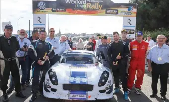  ??  ?? James Stafford and Jeff Case, last year’s Wexford Volkswagen Stages Rally winners, at the presentati­on outside the Riverbank House Hotel.