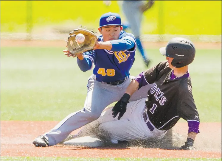  ?? RICHARD LAM/UBC ATHLETICS ?? UBC Thunderbir­ds’ Lichel Hirakawa-Kao, left, can’t beat the slide of College of Idaho baserunner Nathan Hundley at second base during a NAIA West Grouping semifinal contest Sunday at Thunderbir­d Park. College of Idaho eliminated UBC from the tourney...