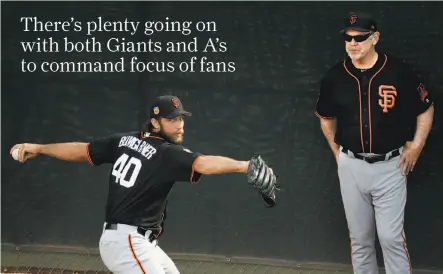  ?? Chris Carlson / Associated Press ?? Manager Bruce Bochy watches over Madison Bumgarner during spring training, when all still seemed possible for the Giants. Below, rookie outfielder Austin Slater has been one of the team’s few bright spots this season since his call-up from Triple-A.