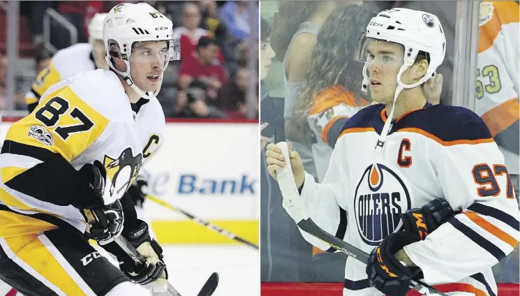  ?? THE ASSOCIATED PRESS ?? Two of the premier players in the NHL — Pittsburgh’s Sidney Crosby and the Oilers’ Conner McDavid — square off for the fifth time Tuesday night at Rogers Place.