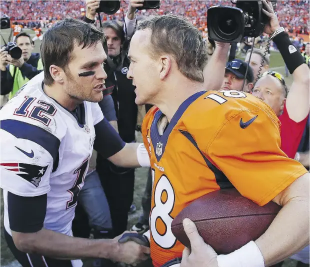  ?? KEVIN C. COX / GETTY IMAGES ?? Tom Brady of the New England Patriots will take on his longtime rival, Peyton Manning of the Denver Broncos, yet again in Sunday’s AFC Championsh­ip Game in Denver. Manning against Brady — a battle that remains one of the most enduring rivalries in NFL history.