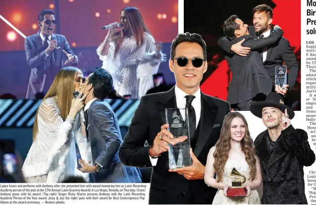  ??  ?? Lopez kisses and performs with Anthony after she presented him with award honouring him as Latin Recording Academy person of the year at the 17th Annual Latin Grammy Awards in Las Vegas, Nevada, on Thursday. (Inset) Anthony poses with his award. (Top...