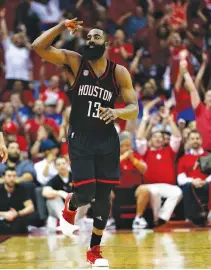  ?? AFP ?? JAMES HARDEN of the Houston Rockets celebrates after a three-point shot during the fourth quarter against the Oklahoma City Thunder during Game One of their first-round Western Conference 2017 NBA Playoff series at the Toyota Center in Houston on April...