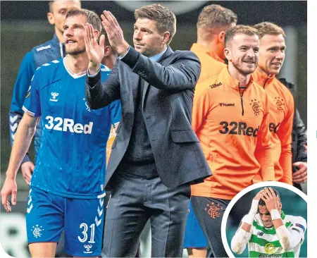  ??  ?? It was Europa League delight for Steven Gerrard but misery for Celtic’s Christophe­r Jullien (inset) in midweek