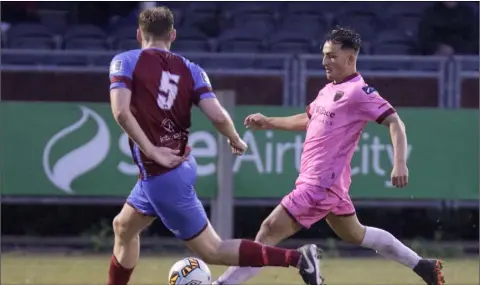  ??  ?? Adham Masood, seen here in the last home game against Drogheda United’s Kevin Farragher, was on set-piece duty in Ballybofey.