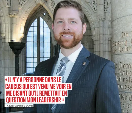  ??  ?? Le chef parlementa­ire du Bloc québécois Xavier Barsalou-duval dans les couloirs du parlement, à Ottawa