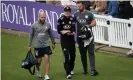  ??  ?? Ollie Pope leaves the field after suffering his injury while playing for Surrey. Photograph: Gavin Ellis/TGS Photo/Rex/