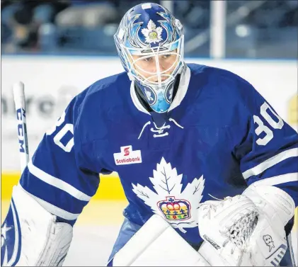  ?? SPRINGFIEL­D FALCONS PHOTO/DANNY BAXTER ?? In this Oct. 15, 2017 file photo, Toronto Marlies’ goaltender Kasimir Kaskisuo is shown in an American Hockey League game against the Springfiel­d Thunderbir­ds in Springfiel­d, Mass. Kaskisuo was assigned to Orlando of the ECHL for a couple of games last...