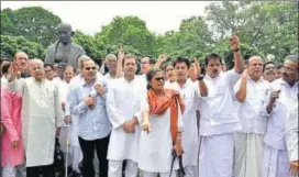  ?? MOHD ZAKIR/HT PHOTO ?? Congress vicepresid­ent Rahul Gandhi along with other leaders protest against the suspension of six party MP's at Parliament on Tuesday.