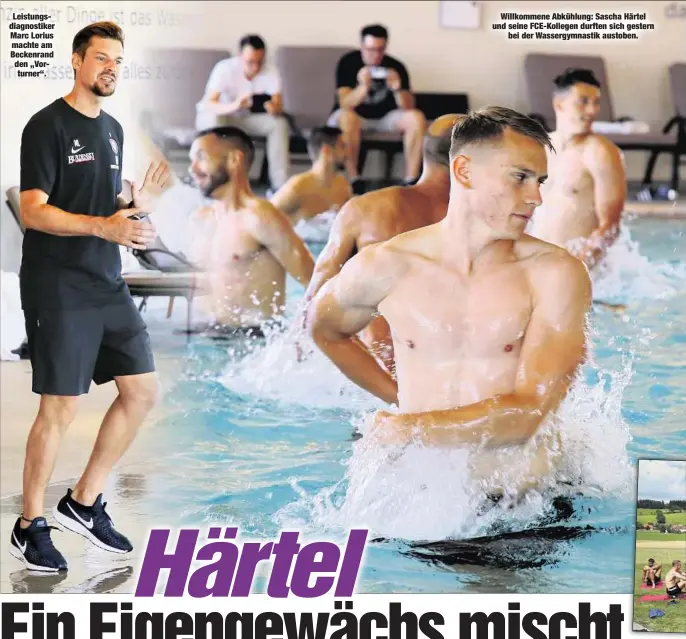  ??  ?? Leistungsd­iagnostike­r Marc Lorius machte am Beckenrand den „Vorturner“.
Willkommen­e Abkühlung: Sascha Härtel und seine FCE-Kollegen durften sich gestern
bei der Wassergymn­astik austoben.