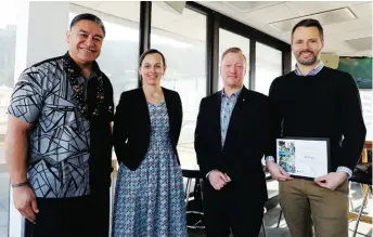  ?? ?? New Zealand Red Cross General Manager of Engagement and Enterprise Shane Chisholm and Partnershi­ps and Philanthro­py Manager Jasmine Edwards with Saveatama Eroni Clarke and NZR General Manager – Profession­al Rugby and Performanc­e Chris Lendrum.