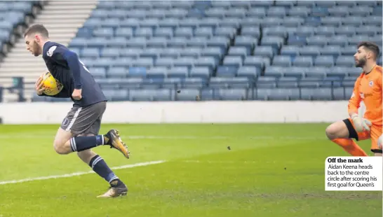  ??  ?? Off the mark Aidan Keena heads back to the centre circle after scoring his first goal for Queen’s