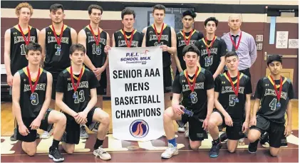  ?? JASON MALLOY/SALTWIRE NETWORK ?? The Three Oakes Axemen won the Domino's Prince Edward Island School Athletic Associatio­n senior AAA boys' basketball championsh­ip Thursday in Charlottet­own. Front row, from left, are Ryan MacKinnon, Spencer Rossiter, Charlie Turner, Zach Blood and Arman Singh. Second row, Jack Somers, Jason Stefanuca, Ben MacDougall, Justin Caron, Sean Matheson, Vlersim Musliu, Sahib Singh and coach Faro Halupa.