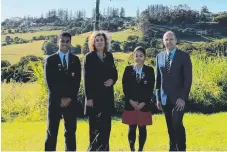  ??  ?? Lindisfarn­e captains Lawrence Miles-Mwangangi and Saya Tomizawa, school council chair Chris Goldstone and Jane Bailey.