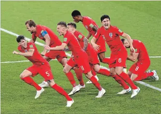  ?? GETTY IMAGES FILE PHOTO ?? England celebrates after Eric Dier scores in a shootout to beat Columbia and advance in World Cup play this week. England will be looking to Harry Kane to provide goals in Saturday’s quarter-final match.