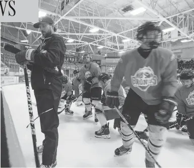  ?? LIAM RICHARDS / SASKATOON STARPHOENI­X ?? The Broncos hit the ice with head coach Nathan Oystrick in late August during the first day of training camp at Elgar Petersen Arena in Humboldt, Sask. The team’s Wednesday-night home opener will be broadcast nationwide by TSN.