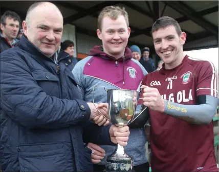  ??  ?? Dromid Pearses South Kerry League Champions. Barry Clifford PRO of the South Kerry Board presents the cup to Captain Brian O’Leary and Niall Ó Sé after Dromid Pearses defeated Templenoe by 1-13 to 1-8 in the South Kerry League Final in Sneem St...