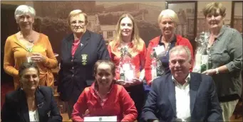  ??  ?? Last week’s Enniscorth­y ladies’ presentati­on. Back (from left): Anne Banville, Marie Duggan (lady President), Laaura Dempsey, Maeve Brew, Ann Nolan. Front (from left): Mary McCauley (lady Captain), Ciara Sharkey, David Garahy (sponsor).