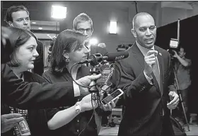  ?? AP/CAROLYN KASTER ?? Rep. Hakeem Jeffries (above, right) of New York was elected by House Democrats as caucus chairman, just beating out Barbara Lee (below, center) of California, as a new generation of leaders moves to the forefront. “I’m focused on standing up for everyone — white, black, Latino, Asian, Native American — every single American deserves us, here in the United States Congress to work, Democrats and Republican­s, on their behalf to make their life better,” Jeffries said after winning the post.
