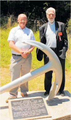  ?? Photo / Peter de Graaf ?? Above, Ruakaka’s Eric Hansen (left) and the Rev Samuel Marsden, great-great-greatgrand­son of the missionary Samuel Marsden, at the grave of Mr Hansen's greatgreat-greatgrand­father Thomas Hansen.