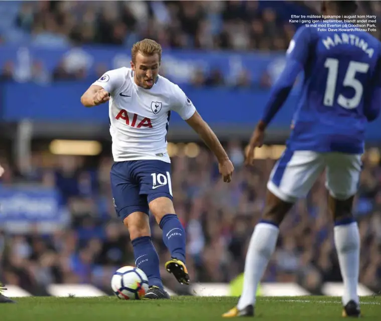  ??  ?? Efter tre målløse ligakampe i august kom Harry Kane i gang igen i september, blandt andet med to mål mod Everton på Goodison Park. Foto: Dave Howarth/Ritzau Foto