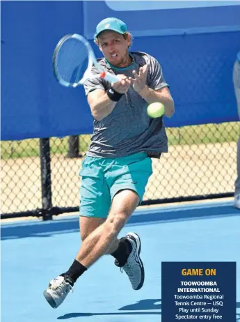  ?? Photo: Bev Lacey ?? WHACK: Maverick Banes working hard for his three-set win yesterday over Lucas Vuradin.