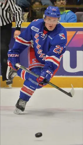  ?? TERRY WILSON, OHL IMAGES ?? Kitchener Rangers’ Adam Mascherin was not able to play to his full potential last season due to a shoulder injury. He’s getting physiother­apy and hopes to be healthier next season.