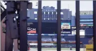  ?? Steven Senne / Associated Press ?? The Gillette Stadium logo stands above an empty field at the stadium in Foxborough, Mass.