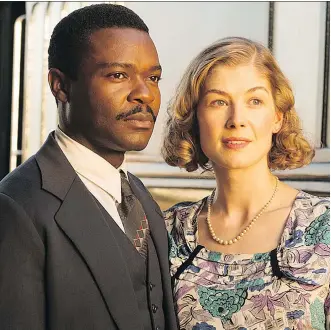  ??  ?? The romance between the characters of David Oyelowo and Rosamund Pike takes a back seat to politics in Amma Asante’s film, A United Kingdom.