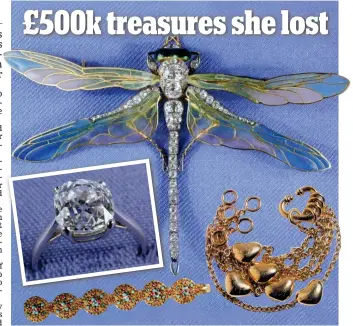  ??  ?? Stolen heirlooms: Diamond dragonfly brooch and engagement ring, inset