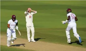  ??  ?? Ben Stokes reacts as John Campbell and the West Indies captain, Jason Holder, pick up a run on their way to victory. The two captains’ personal battle was one of a number of intriguing subplots. Photograph: Mike Hewitt/AFP/Getty Images