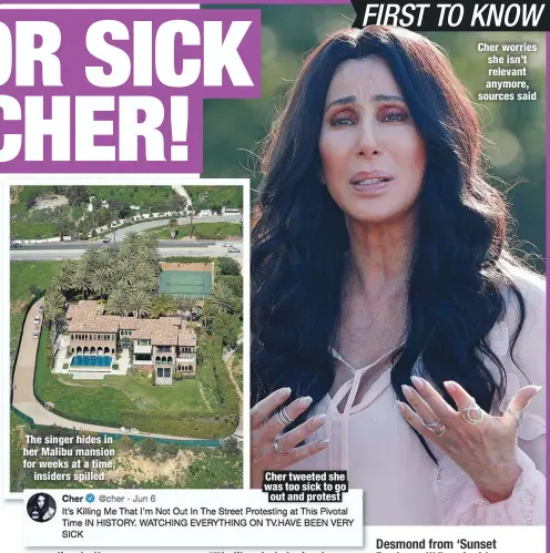  ??  ?? The singer hides in her Malibu mansion for weeks at a time,
insiders spilled
Cher tweeted she was too sick to go out and protest
Cher worries she isn’t relevant anymore, sources said