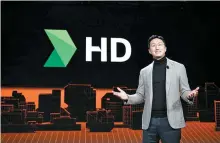  ?? Courtesy of HD Hyundai ?? HD Hyundai Vice Chairman and CEO Chung Ki-sun delivers a keynote speech during CES 2024 in Las Vegas in this January file photo.