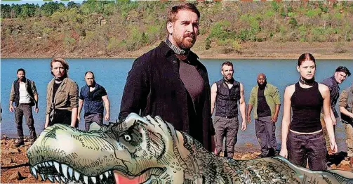  ?? [PHOTO PROVIDED BY HIGH OCTANE PICTURES] ?? Adam Hampton, center, stars in the Oklahoma-made sci-fi film “The Jurassic Games.”