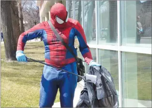  ??  ?? Matrx Cavasos spent his afternoon dressed as Spider-man, cleaning up the city's downtown with a group of cannabis users. The group spent the afternoon cleaning up the downtown core.